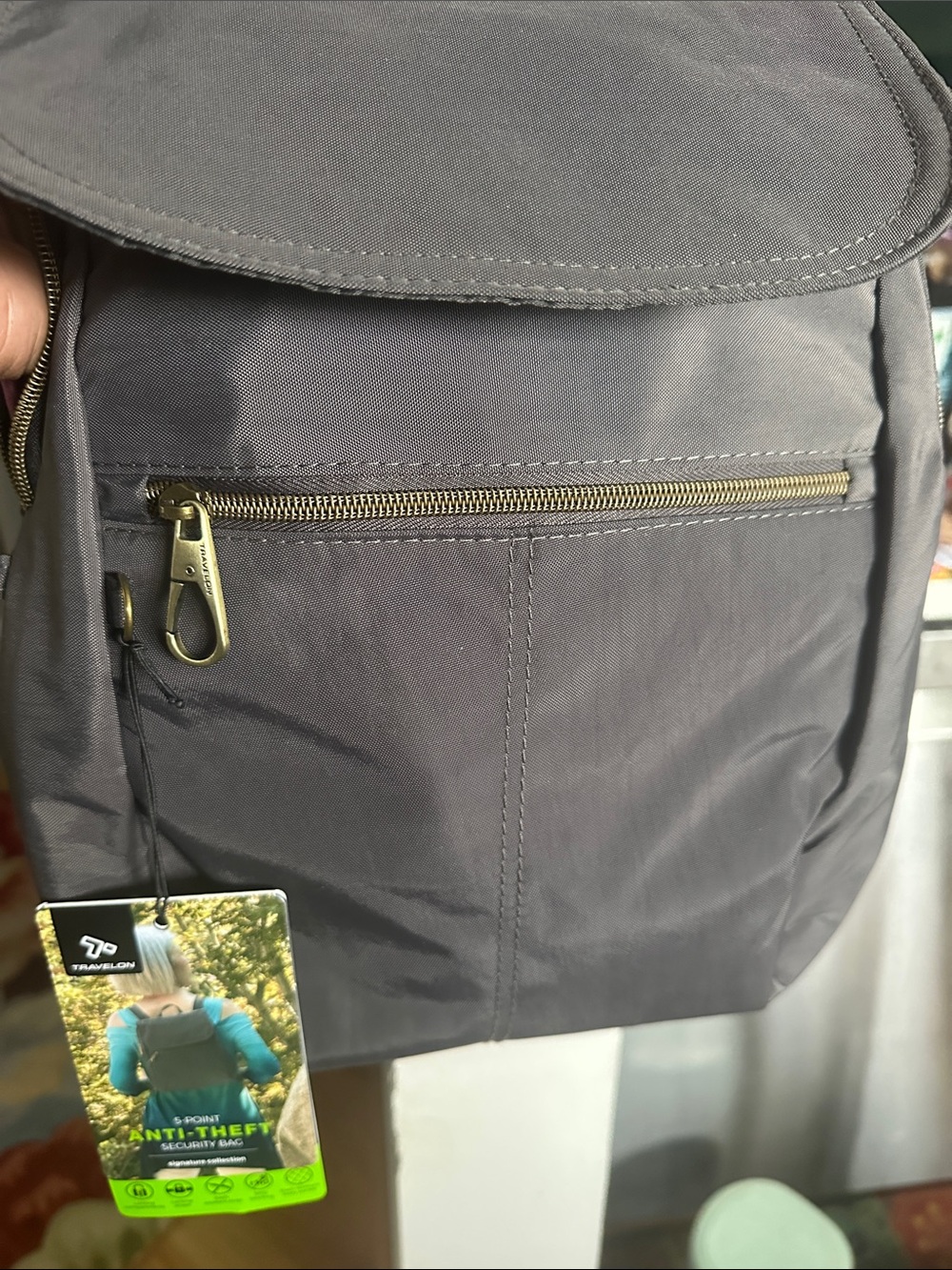 Travelon Women’s Gray Anti-Theft Backpack with Brass Accents